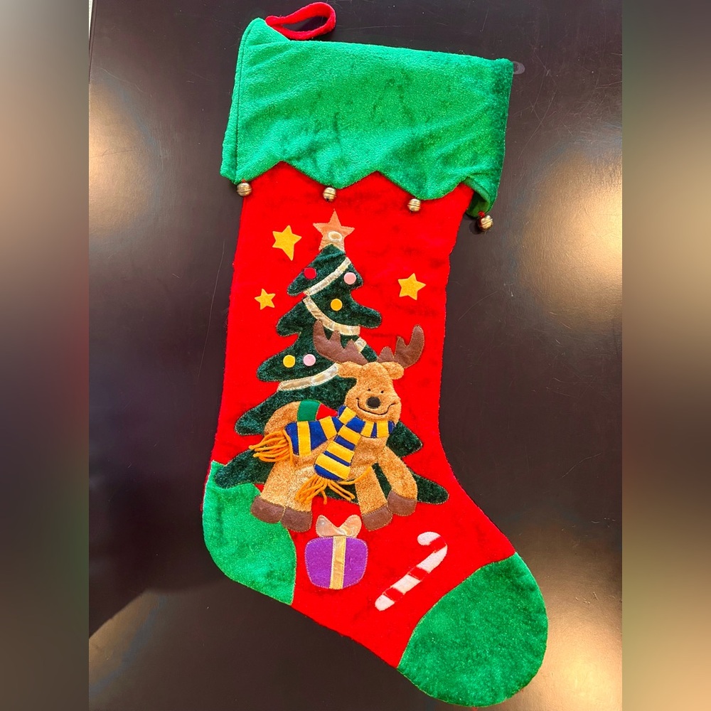 Vintage Christmas Holiday Jumbo Stocking - Reindeer, presents, candy cane & Tree